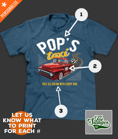 Pop's Taxi Personalized T-shirt printing options