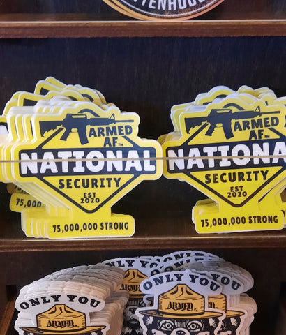 National Security Armed AF sticker in store display
