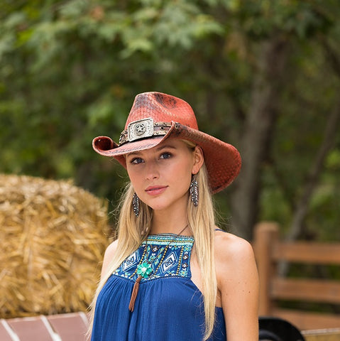 red cowboy hat on female model