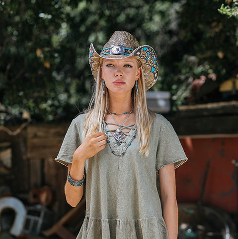 Cowboy hat with turquoise on model