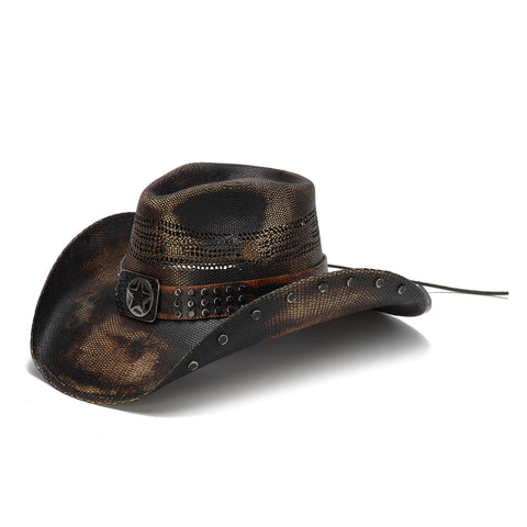 Worn looking cowboy hat with star and rivets