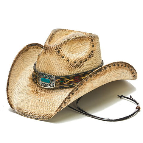 Beautiful cowboy hat featuring turquoise and banding rivets