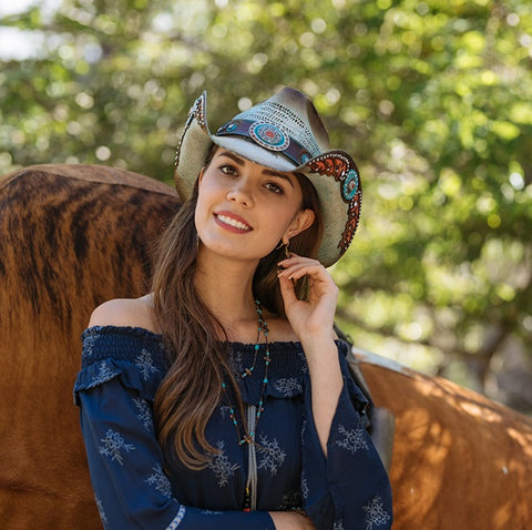 Southwestern cowboy hat on female model