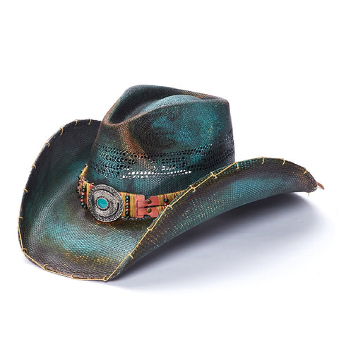 Turquoise bangora straw cowboy hat