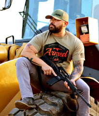 Armed AF logo shirt on model