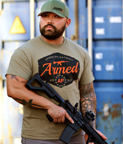 Armed AF logo shirt on model with ar15