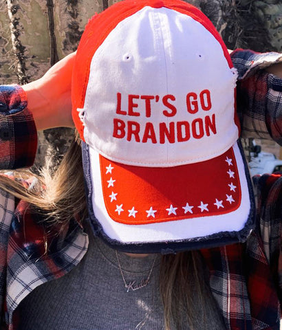 Distressed Let's go Brandon hat on model