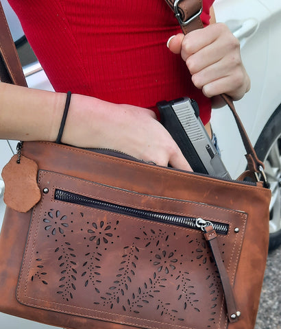 leather conceal carry purse on model
