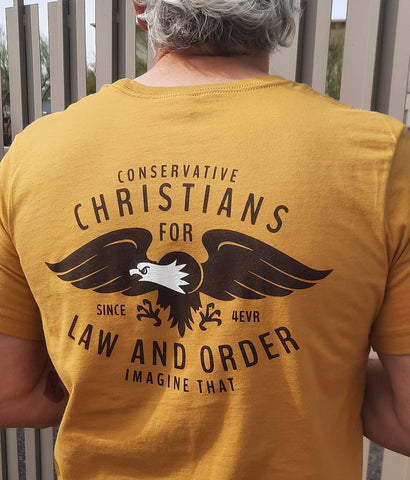 Patriotic Christian tee shirt on model