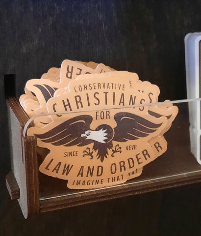 Christian patriotic sticker on display in store