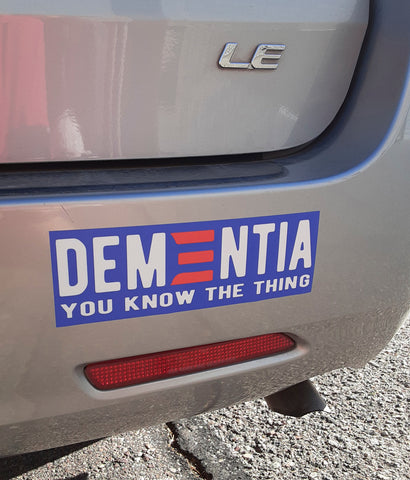 biden dementia bumper sticker pictured on auto