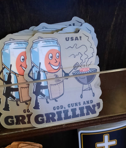 God guns and grilling sticker in gift shop