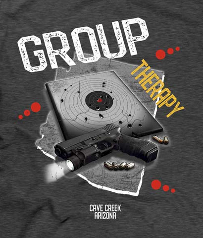 Group therapy gun t-shirt closeup