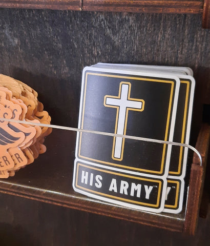 His Army logo sticker on display in store