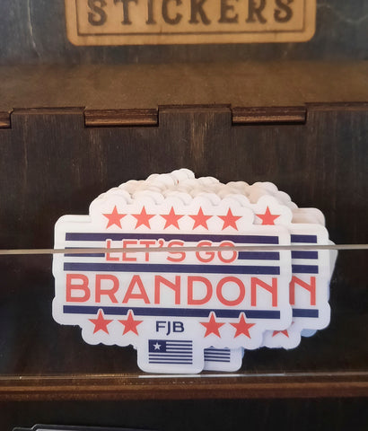 Let's go Brandon sticker on display in store