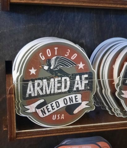 Armed AF sticker on display in store