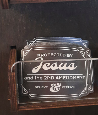 Protected by Jesus sticker on display in gift shop