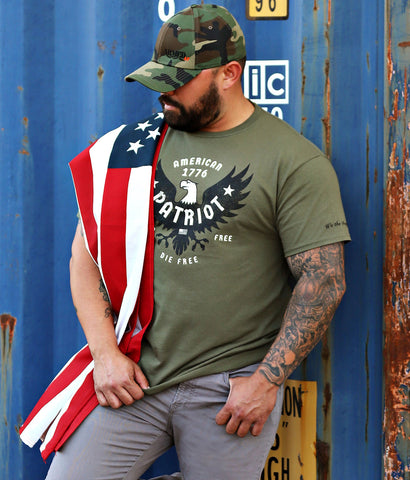 Armed AF hat and patriotic shirt on model