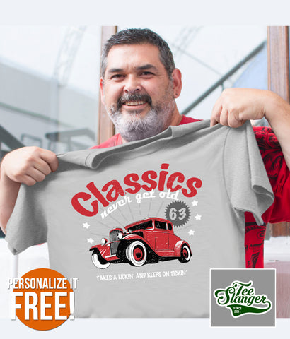 PERSONALIZED CLASSIC CAR T-SHIRT ON MODEL