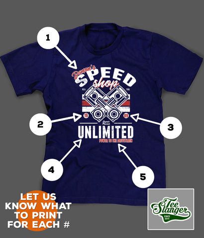 PERSONALIZED SPEED SHOP T-SHIRT PRINTING OPTIONS