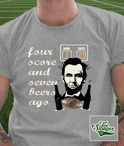 Abe Lincoln football t-shirt on model 4 score and 7 beers ago