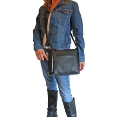 model with leather gun purse