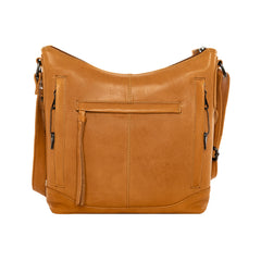 front view of gun purse in caramel leather
