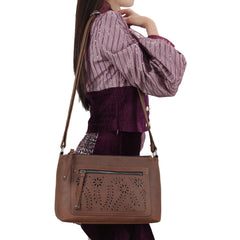 model shown wearing leather conceal carry gun purse