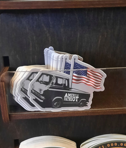American Patriot sticker on display in store
