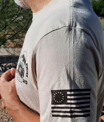 Betsy Ross flag on sleeve of Patriot t-shirt