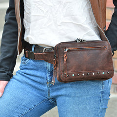 model wearing leather conceal carry fanny pack