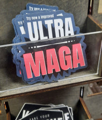 Ultra maga stciker on display in store